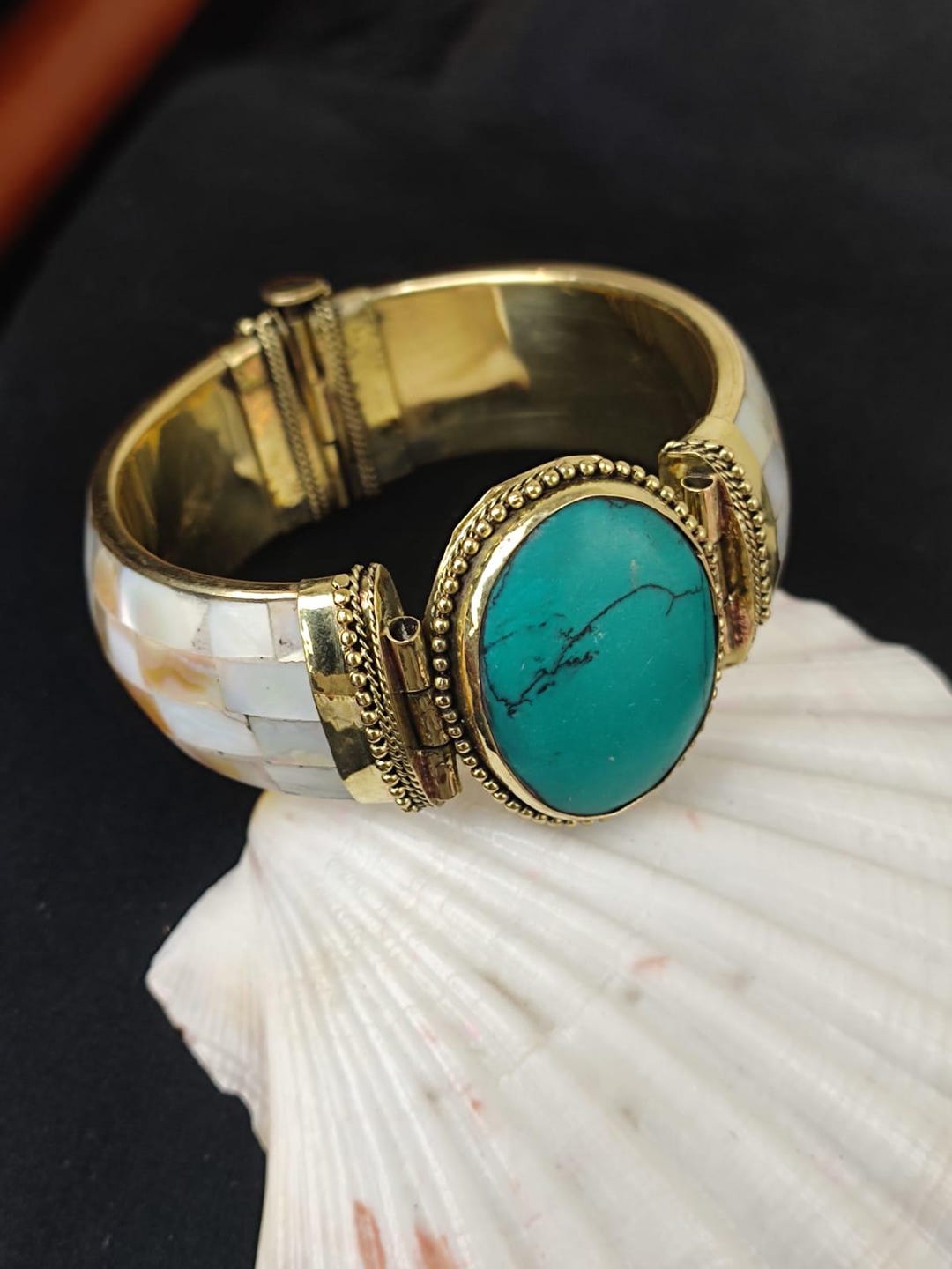 Mother of Pearl Bangle Bracelet With Turquoise, Antique Brass