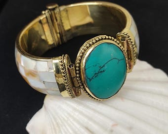 Vintage Reversible Sterling Silver Turquoise & Mother of Pearl