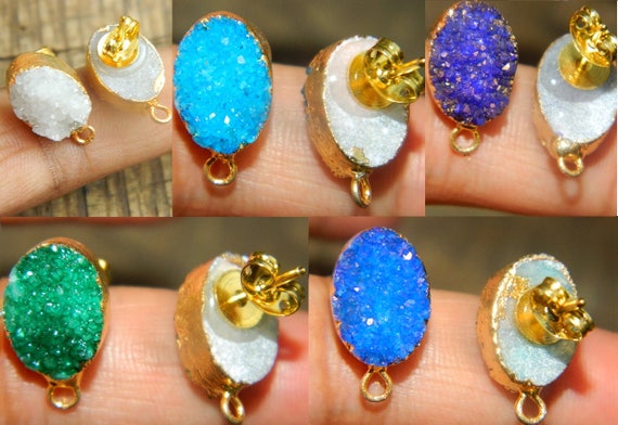 Natural Sugar Druzy Earring 18k Fill Gold Electroplated Stud Ear Post Handmade Earring Component DIY Making Jewelry Supplies