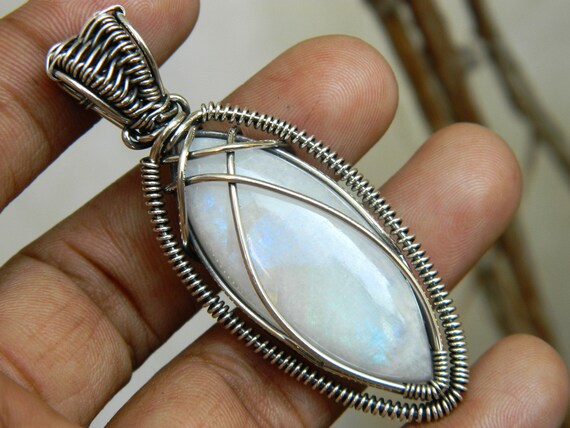 92.5 Sterling Silver Wire Wrapped Pendant Natural Rainbow Moonstone Gemstone Filigree Art Wire Wrap Pendant Unique Designer Wedding Gift