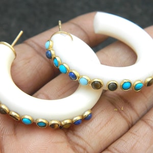 Multi color hoop Resin Hoop earring  Color Resin hoops with Turquoise Tiger eye and lapis Gemstone Bezel set Bohemian Gift for Women