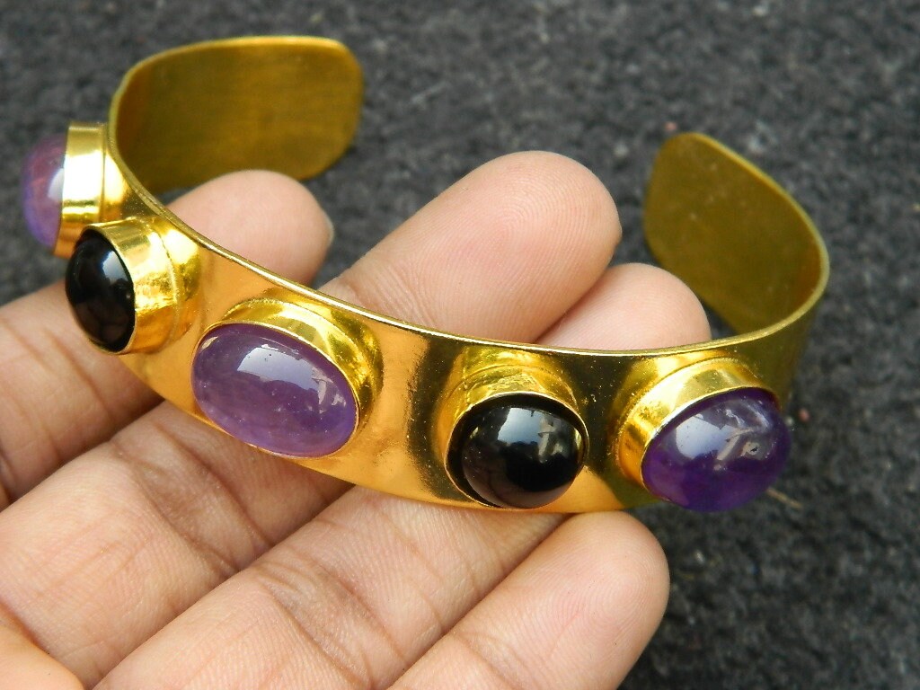 Bracciale Ottone Anticato Con Lapislazzuli Viola E Spirale - Gioiello Tribale Regolabile