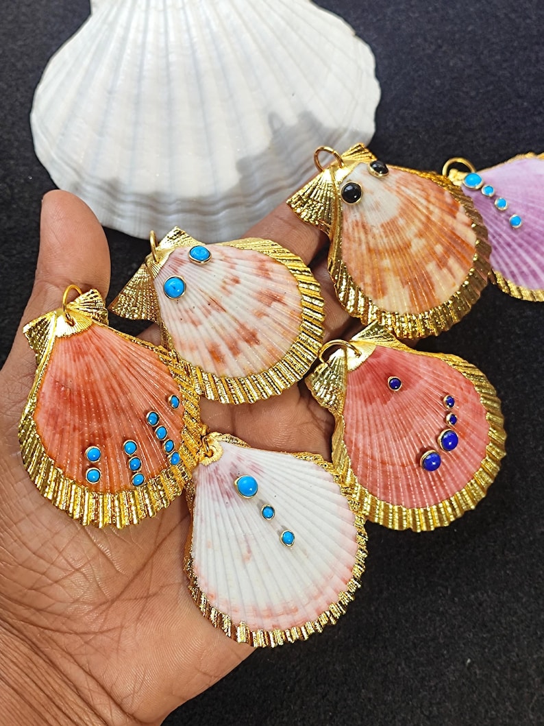 Shell Gold Rim 18k Gold Fill Scallop Seashell Pendant: Turquoise, Lapis & Onyx ...