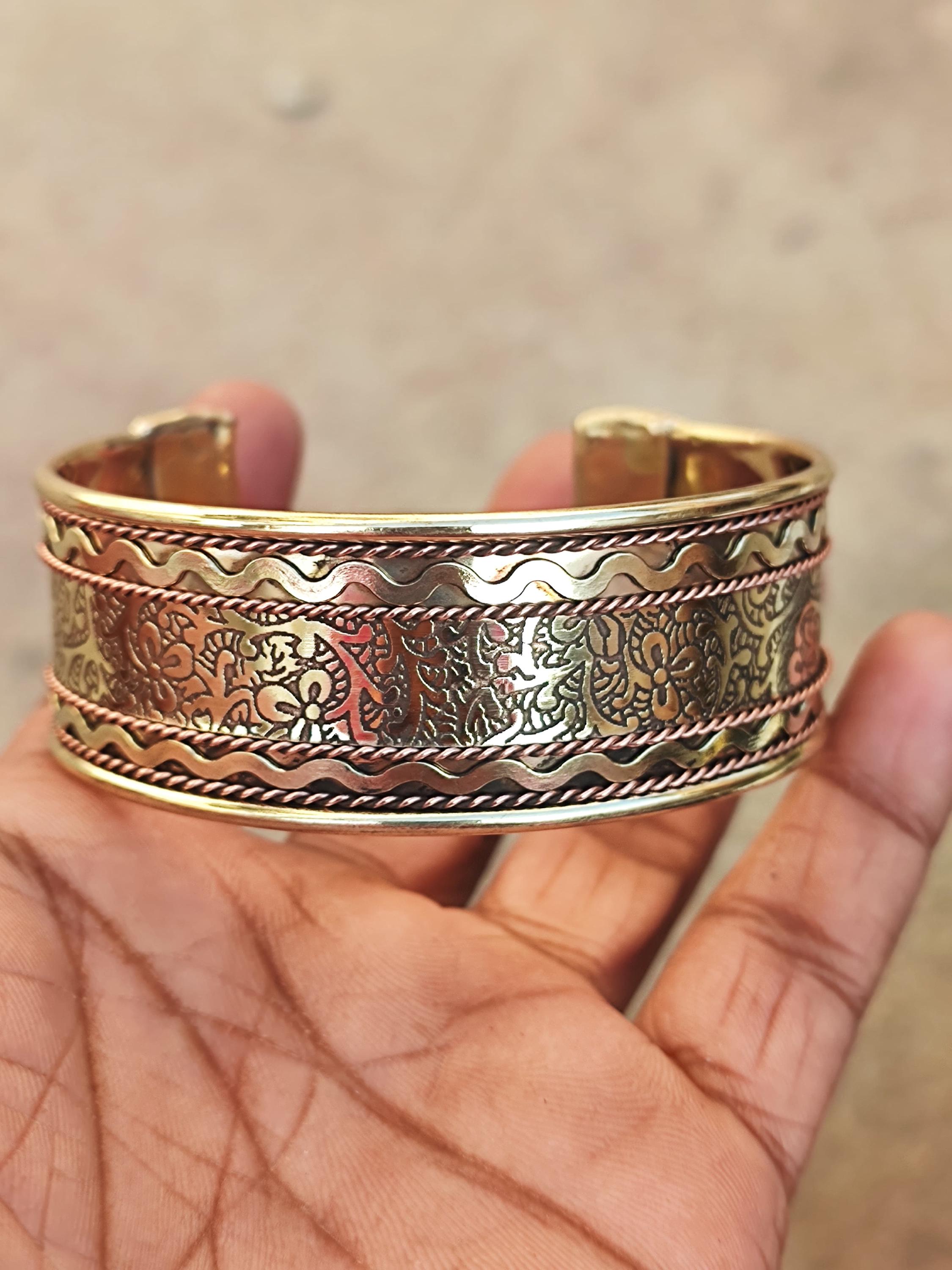 Handcrafted Brass Cuff Bangle: Antique Indian Design, Adjustable