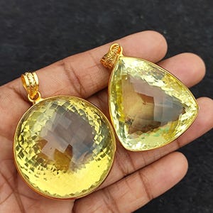 天然レモンクォーツファセットオーバル本物の宝石ペンダントゴールド