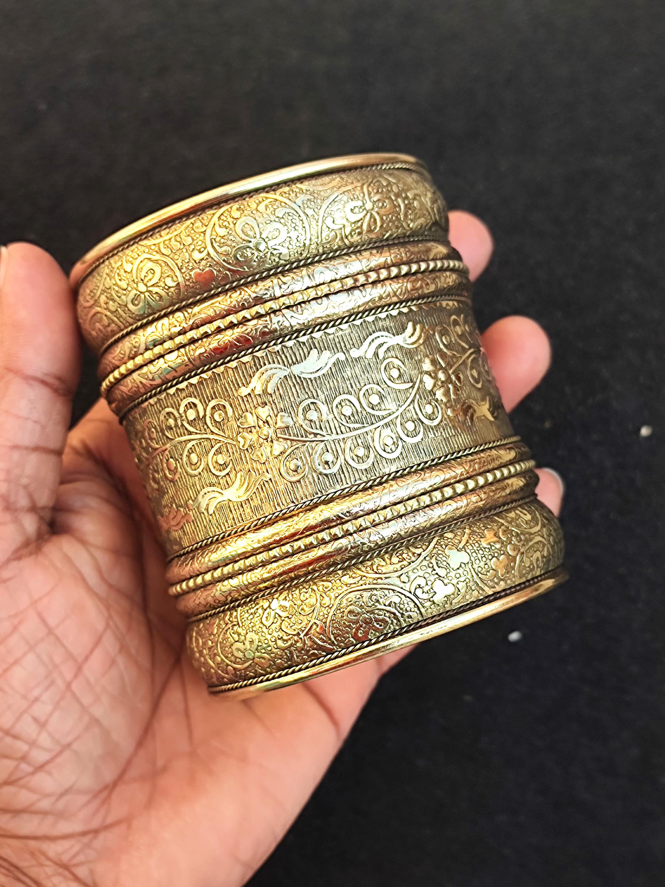 Handcrafted Indian Brass Cuff Bracelet, Adjustable Vintage Style