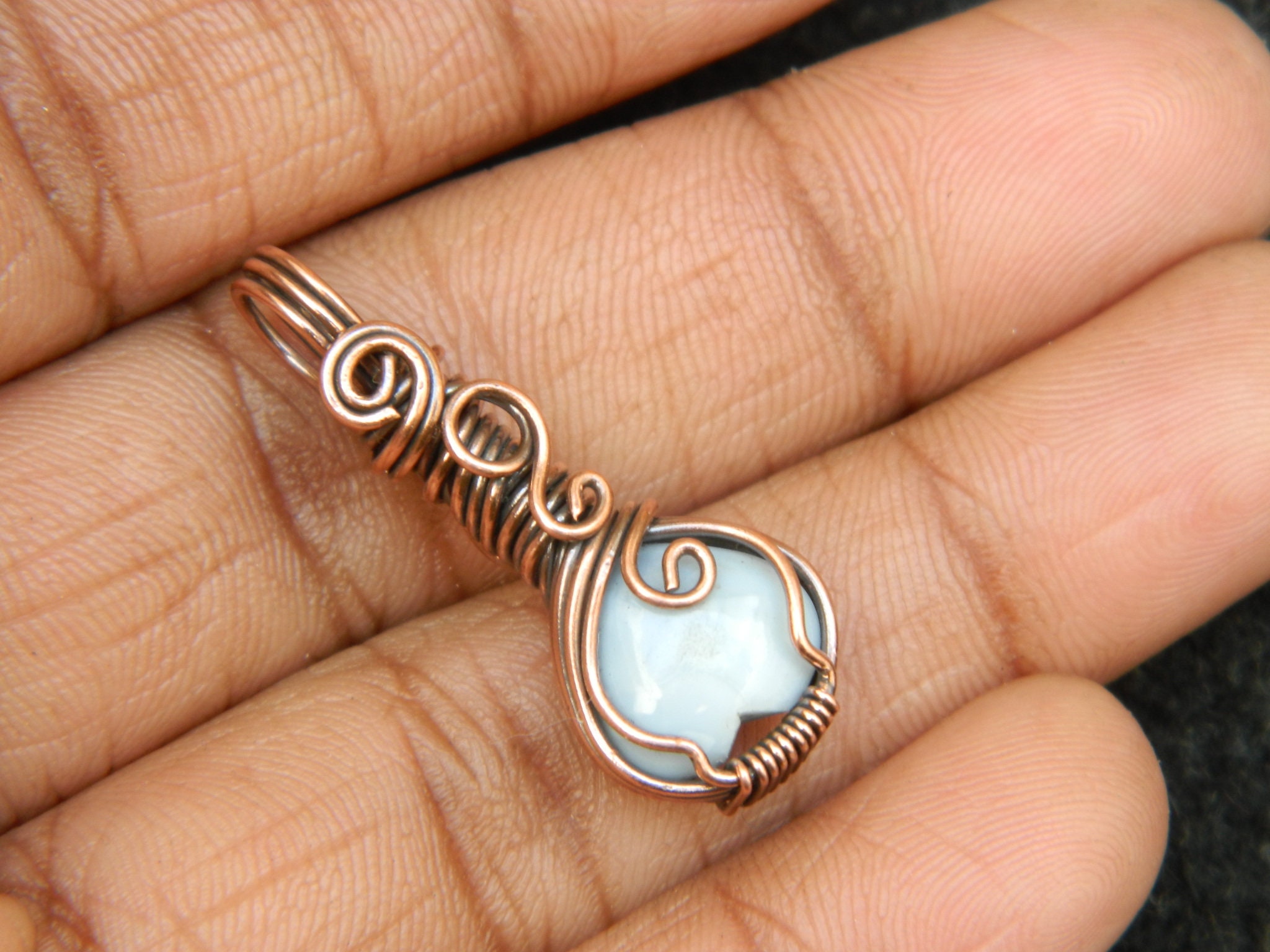 Natural Moon Stone & Blue Opal Wire Wrapped Mini Pendant