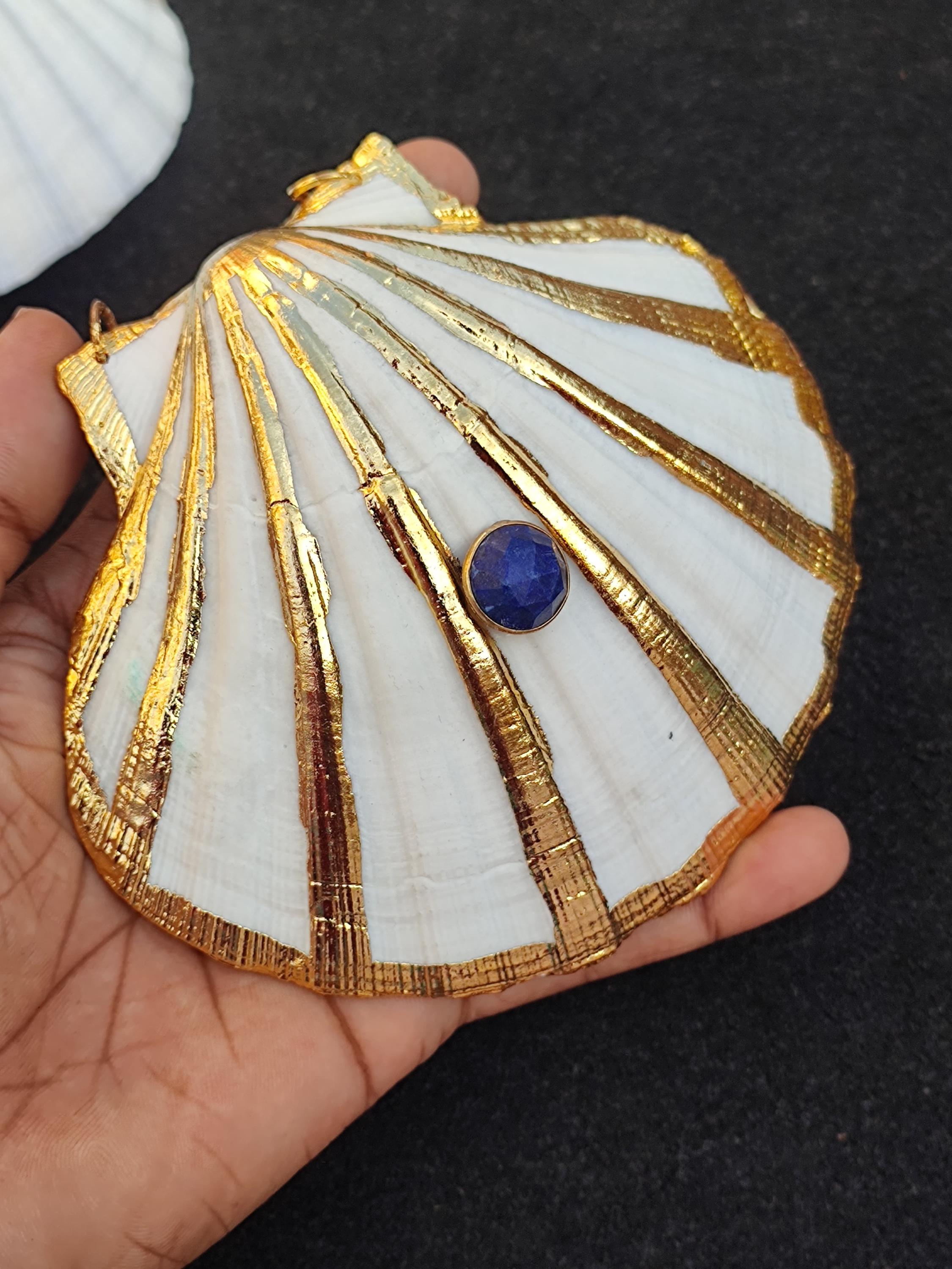 Gold Electroplated Scallop Seashell Pendant with Lapis Gemstone