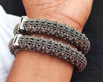 Oxidized Silver Bangle Bracelet Set, Boho Ethnic Kada, Vintage