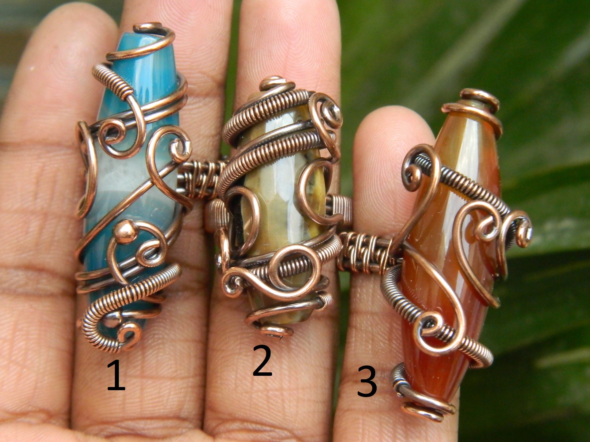 Chalcedony Wire Wrapped Ring Barrel Bead Copper Wire Filigree Art