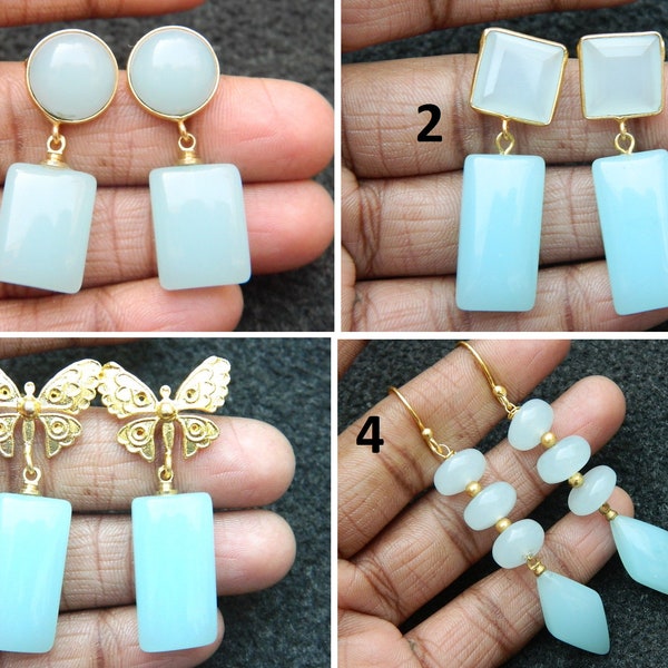 Mint Lite Blue Color Chalcedony Agate Beaded Jewelry Studs Earring Gold Plated Brass Vintage Style Antique Look Designer Fashion Jewelry Gif