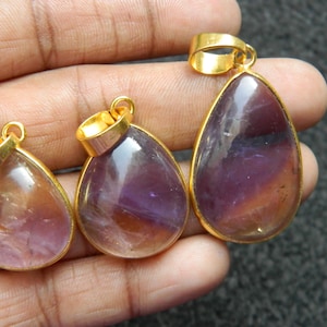 Natural Amethyst Ametrine pendant Pear Cabochon bezel set gold plated Brass pendant Natural Genuine Gemstone jewelry handmade gift for her