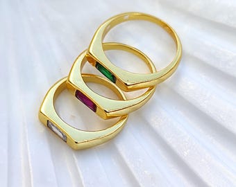 Juego de anillos apilables de latón chapado en oro, pequeños anillos de cristal con forma de baguette