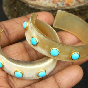 Horn Bone Jewelry Ethically Sourced Natural Buffalo Horn Hoop earring with Tiny Accent  Turquoise Gemstone Handamde Vintage Style  Jewelry