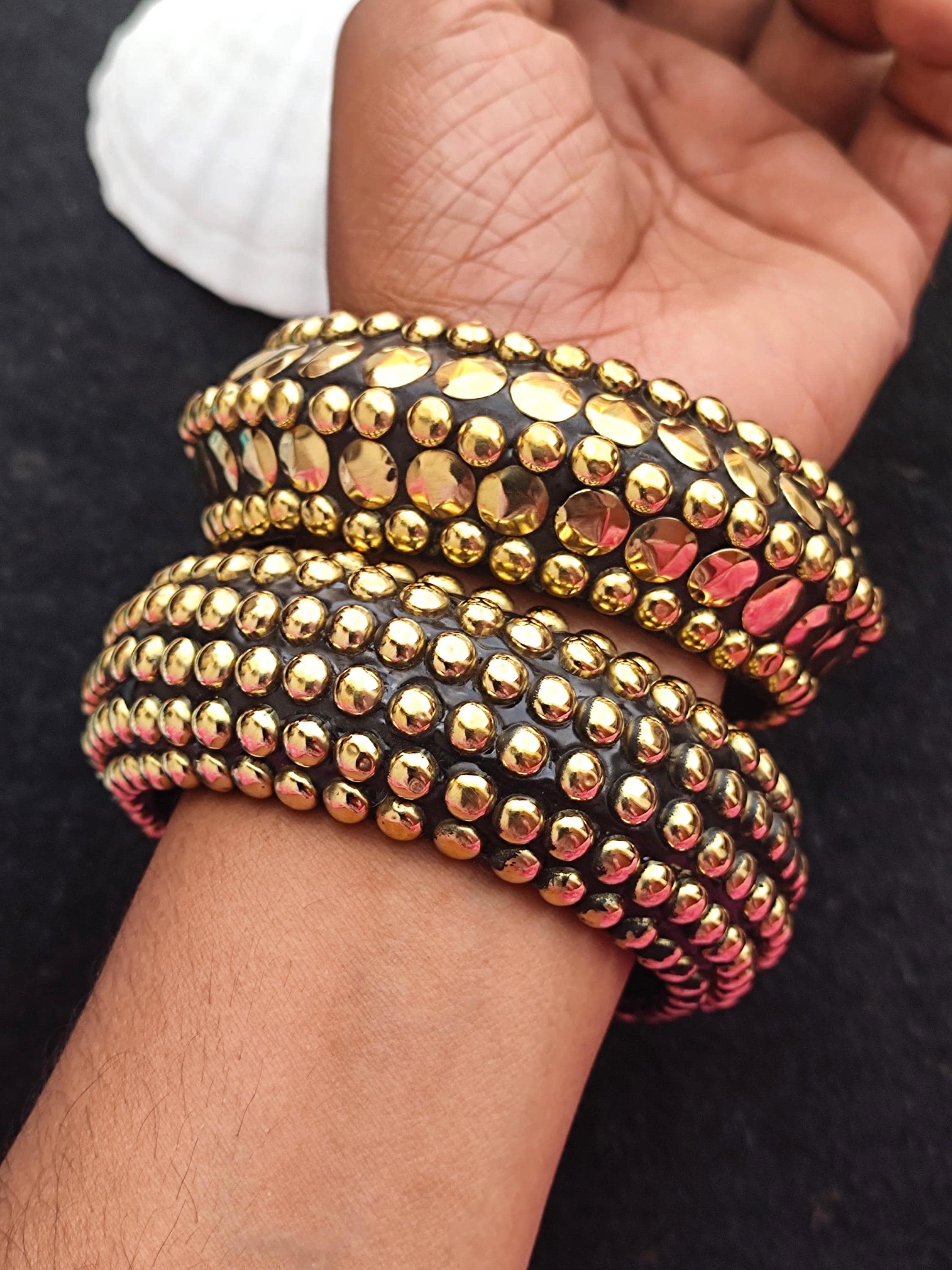 Handcrafted Wide Wooden Bangle, Gold Brass Detail, Bohemian Style
