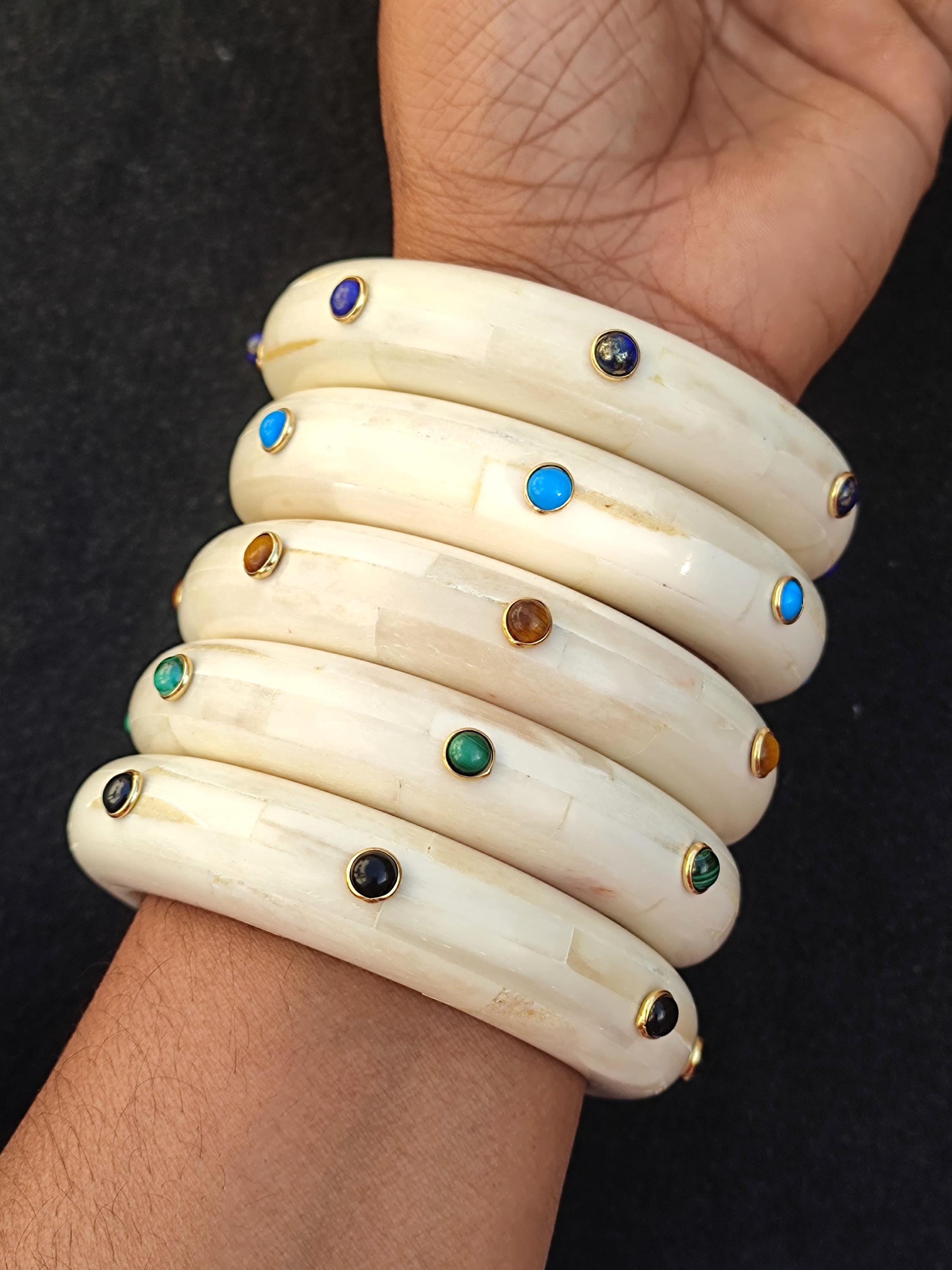 Ethically Sourced Natural Buffalo Horn Bone Bangle Bracelet With Natural Multi Gemstone Handcrafted Vintage Style Fashion Jewelry For Her