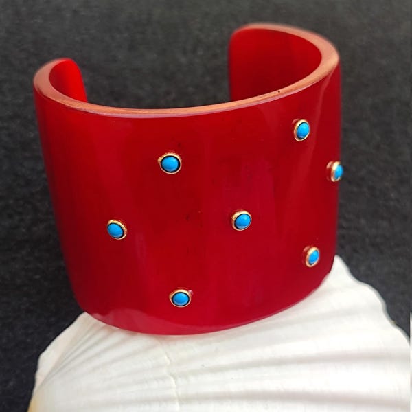 Handcrafted Horn Cuff Bangle, Turquoise Inlay - Boho Vintage Style