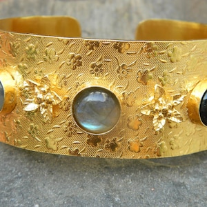 Labradorite Genuine Gemstone Gold Plated Cuff Bangle Bracelet Floral Theme  Vintage Style Statement Handcrafted Bangle Gift For Her