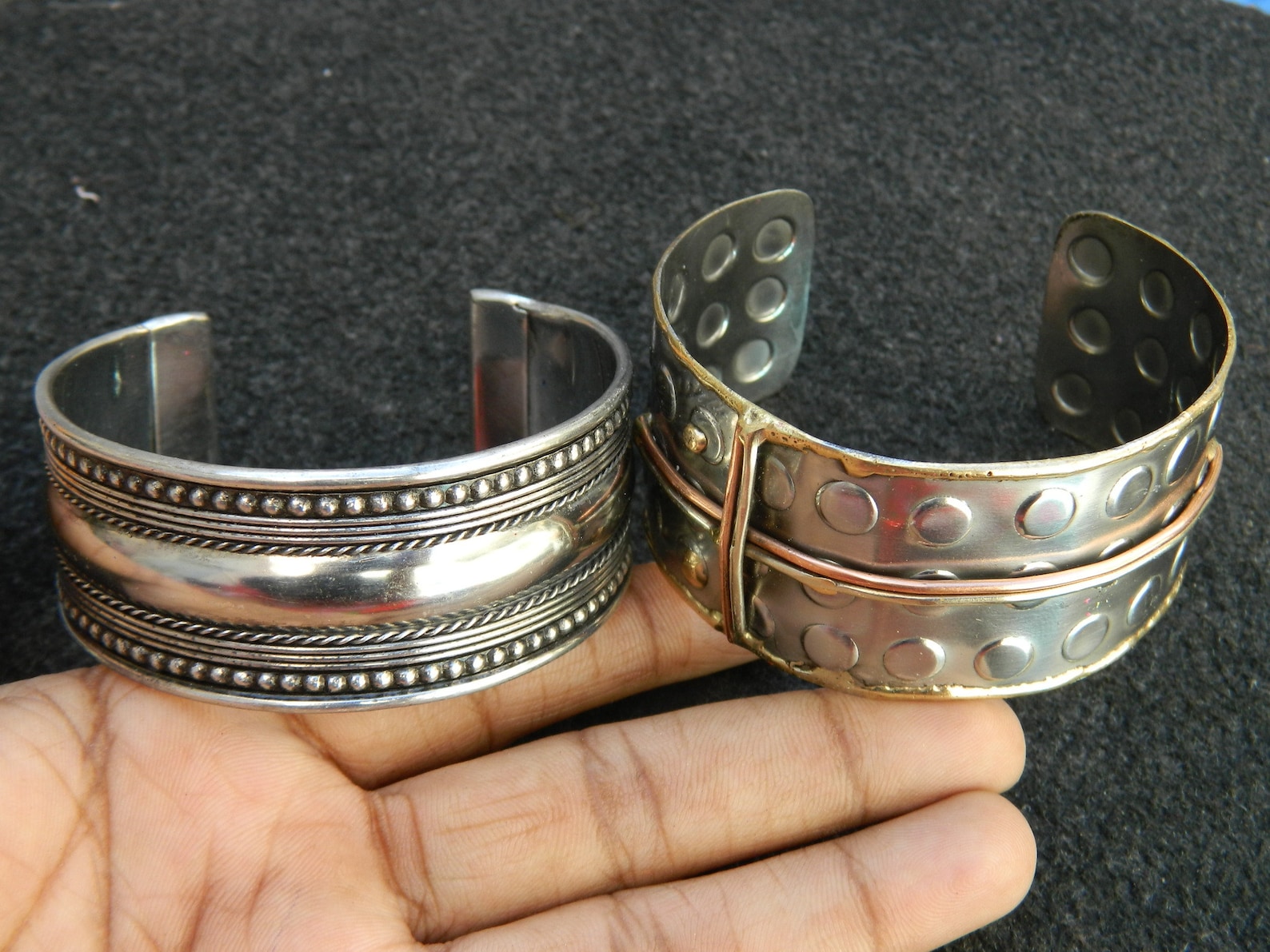 Brass Cuff Bangle Silver Brass Vintage Cuff Bangle Charm Antic Etsy