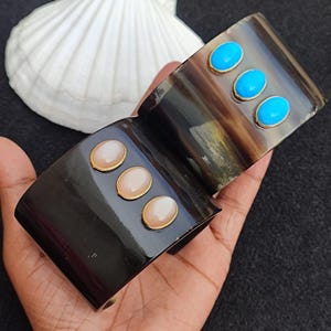 Horn Bone Jewelry Ethically Sourced Buffalo Horn Cuff Bangle With Natural Gemstone Purely Handcrafted Boho Vintage Style Horn Jewelry