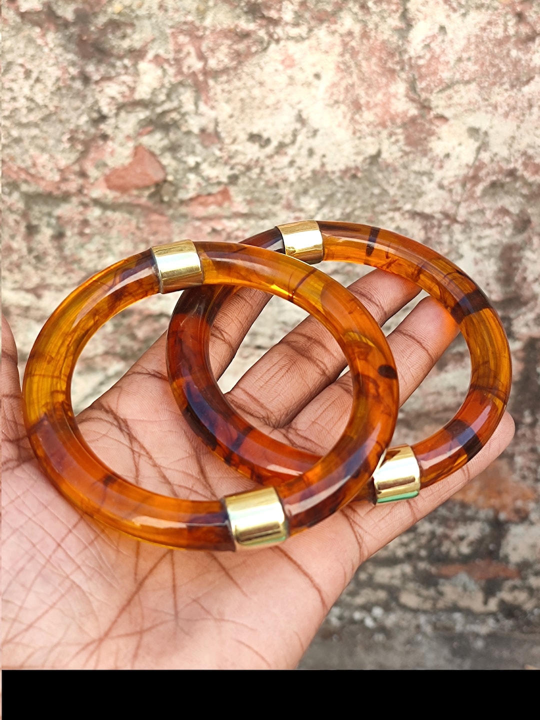 Set of 2 Bangles Honey Color Resin Brass Bangle Bracelet Fashion