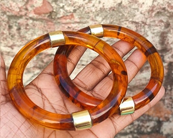 Set of 2 Bangles Honey Color Resin Brass Bangle Bracelet  Fashion bracelet disco bracelet handmade Beach Summer Jewelry Gift