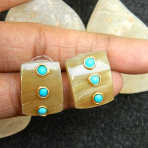 Ethically Sourced Natural Buffalo Horn with Multi gemstone stud earring Gold Plated earring Horn jwelry Beautiful earring Gift For Women