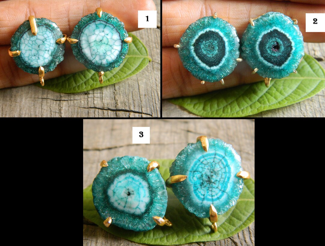 Natural Druzy Solar Slices Gold Plated Brass Prong Set Studs Ear Post