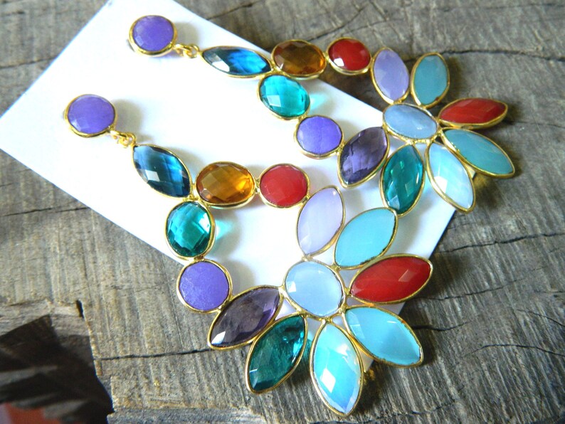 Multi Color Synthetic Stones Faceted Marquise & Oval Shape Briollete Earrings Handcrafted Unique Designer Antique Style Jewelry Gift Sale zdjęcie 2