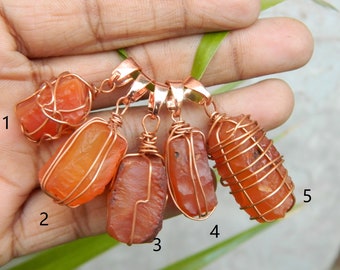 Raw Carnelian Necklace, Copper Wire Wrapped Pendant