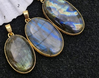 Oval Labradorite Pendant, Gold Plated Bezel, Flashy Gemstone