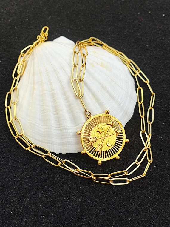 Vintage Style Gold Plated Coin Necklace Carved Moon and Star