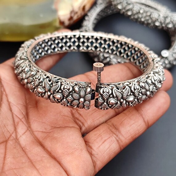 Silver Oxidised Bangle Bracelet Vintage Style Indian Wedding Bangles Openable Kada Beautiful Handmade Bangles Unique Designs Hand Bangles