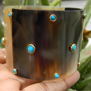 Horn Bone Jewelry Ethically Sourced Buffalo Horn Bangle Bracelets Purely Handcrafted Tiny Accent Turquoise Gemstone Jewelry Vintage Style