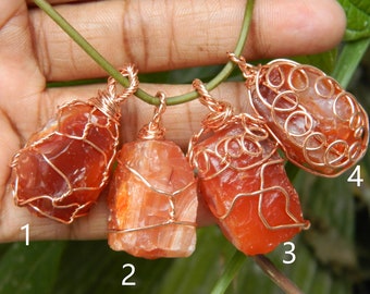 Raw Carnelian Pendant, Copper Wire Wrapped Gemstone, Filigree Art