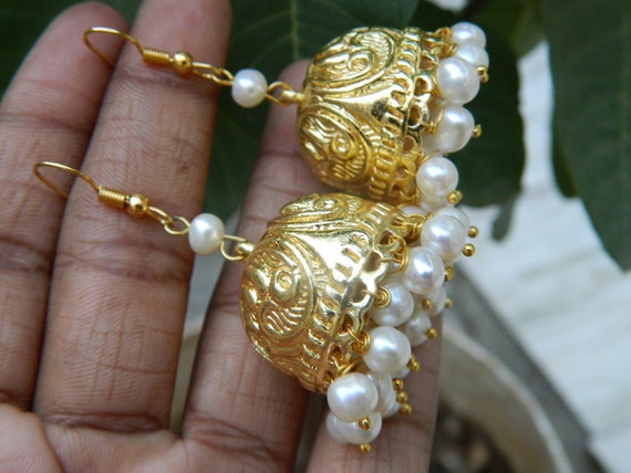 Goldplated Floral Filigree Pearl Jhumka Earrings - Ominish Jewels
