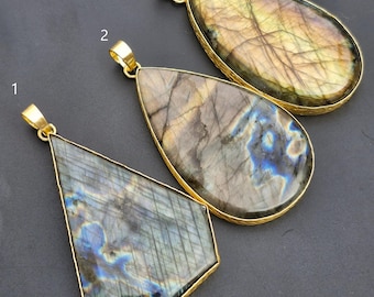 Handmade Labradorite Pendant, Gold Plated Bezel, 3 Inch Gemstone