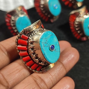 Tibetan Ring Turquoise & Synthetic Coarl Large Tibetan Nepalese Ring GS Ring Handcrafted Vintage Boho Statement Ring Tibetan Classic Jewelry
