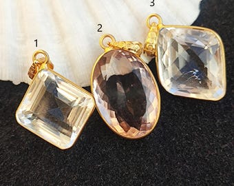 Gold Plated Rock Crystal Pendant, Faceted Gemstone Jewelry
