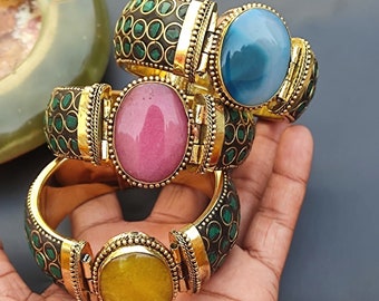 Aventurine & Agate Natural Stones Brass Bangle Bracelet