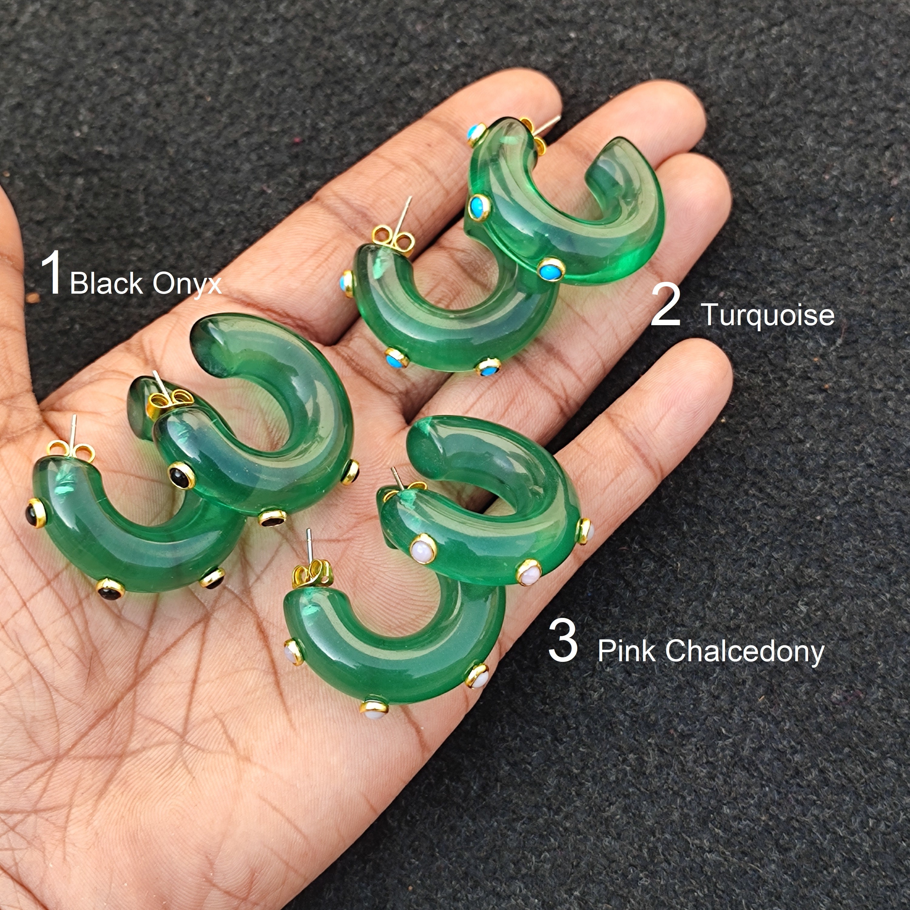 Resin Jewelry Green Resin Hoop Earrings Transparent Acrylic with Multi Color Tiny Accent Natural Gemstone Chunky Hoop Handmade Jewelry Gift