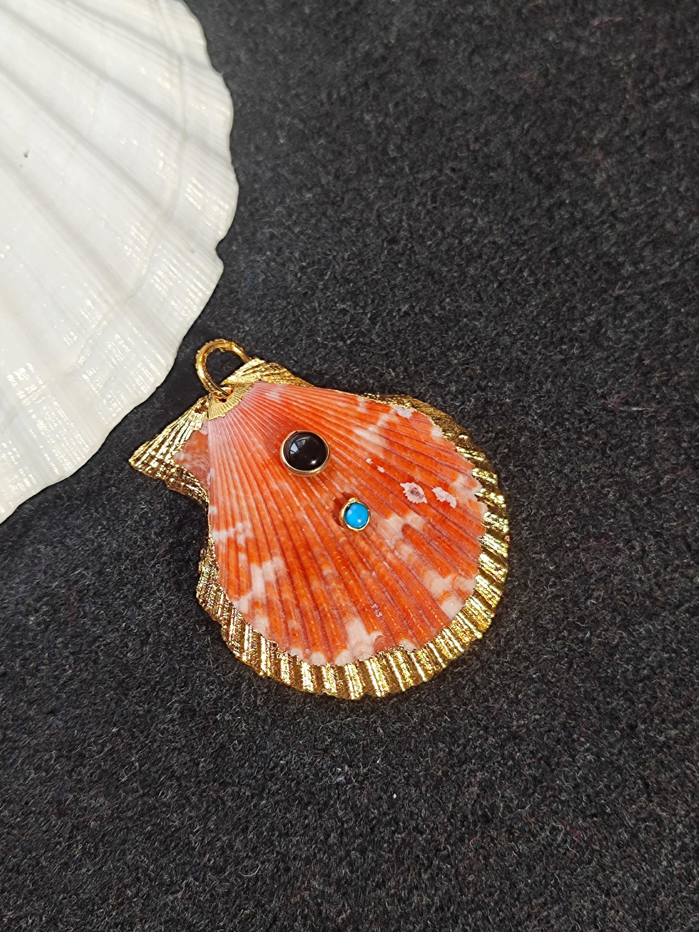 18k Gold Fill Scallop Seashell Pendant, Natural Gemstone Ocean Jewelry ...