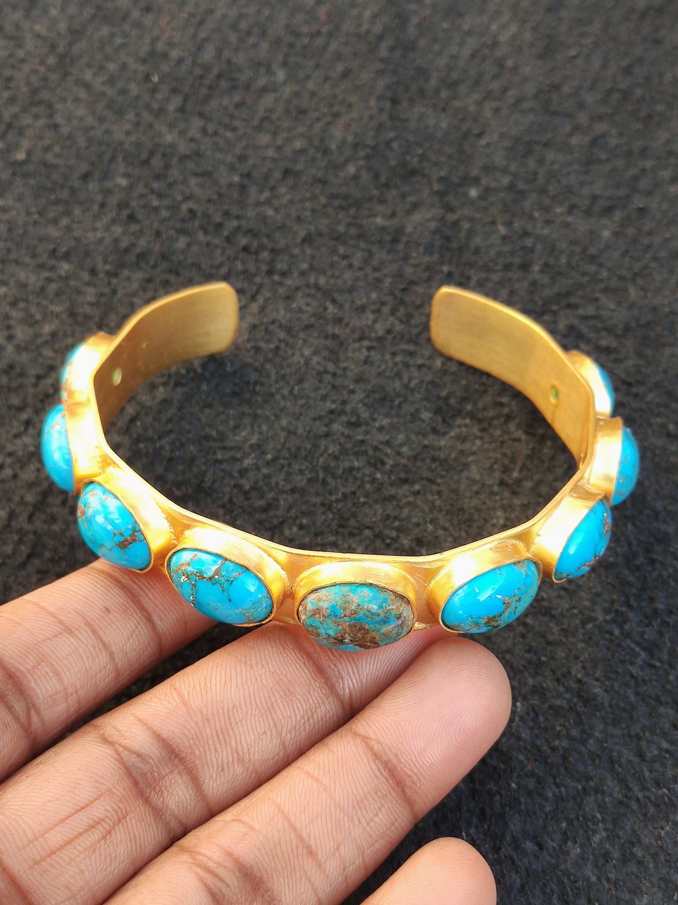 Turquoise Howlite Gemstone Cuff Bangle Bracelet with 9 Stones Gold Plated Brass Metal Handcrafted Designer Unique Vintage Style Gift Sale