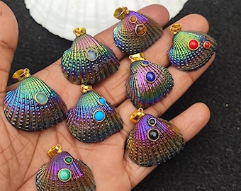 Titanium Coated Scallop Pendant, Natural Seashell Charm with Gemstones