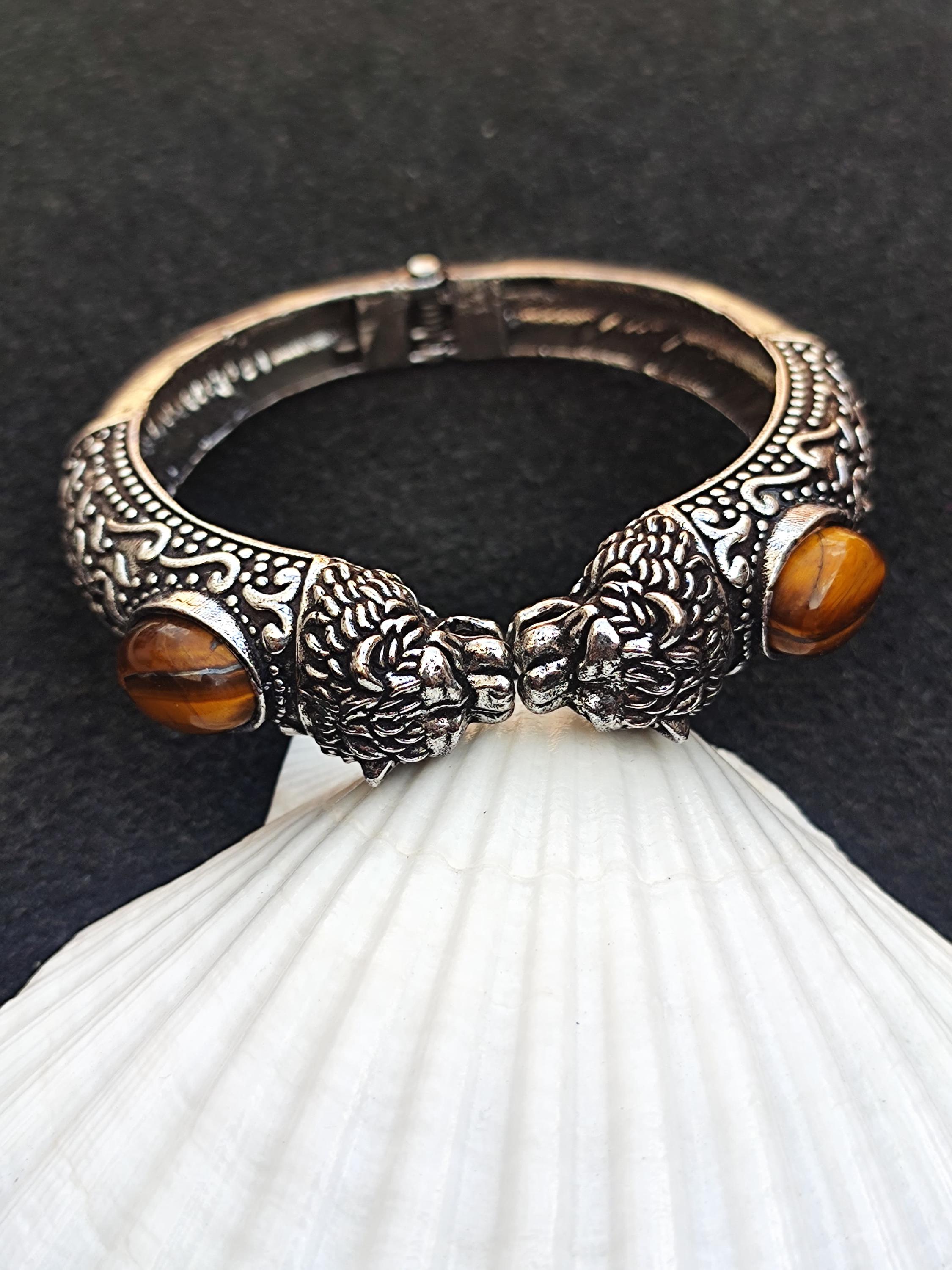 German Silver Lion Head Bangle Bracelet With Tiger Eye