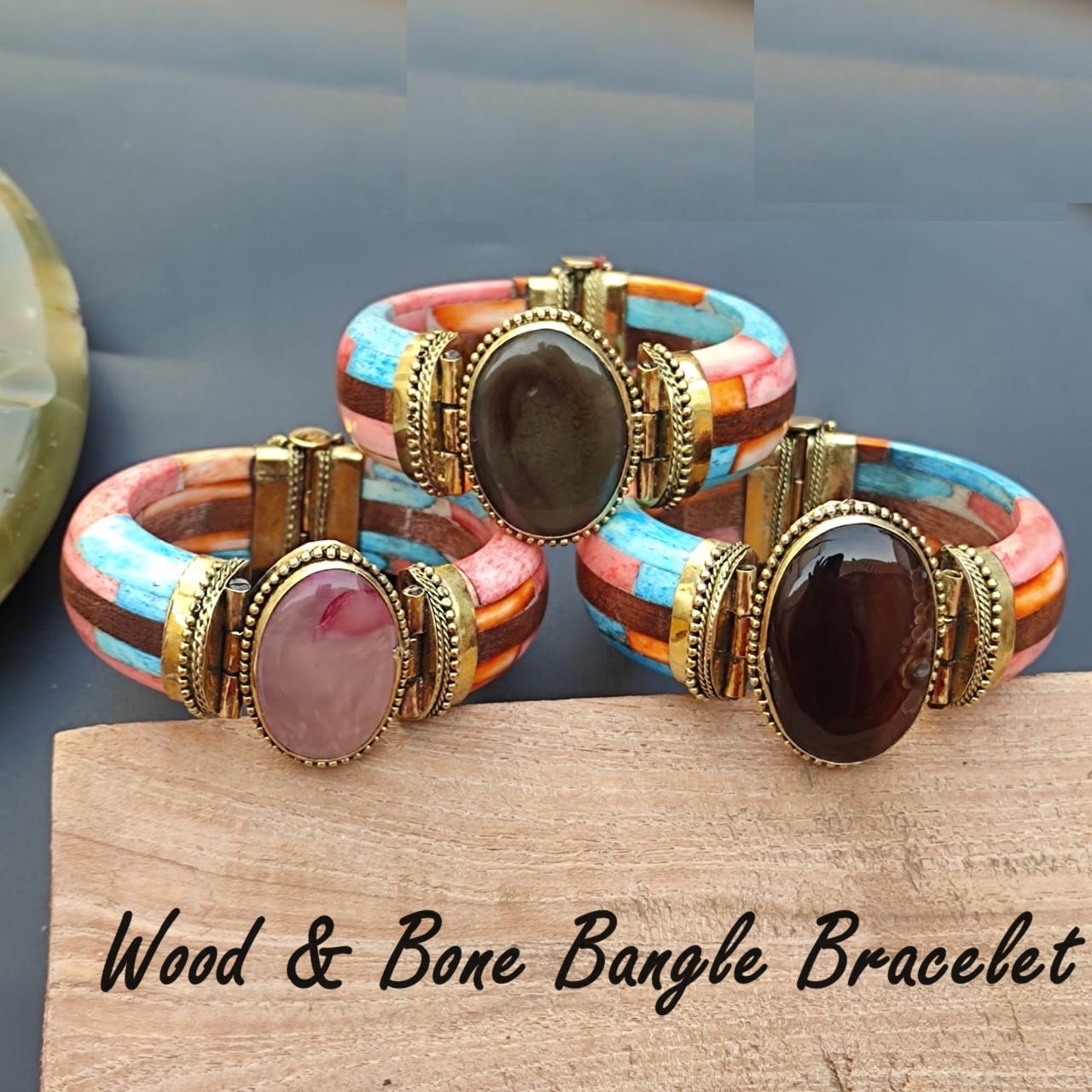 Bone & Wood Bangle Bracelet With Chalcedony Agate, Antique Boho