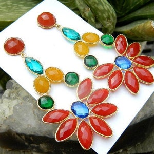 Multi Color Synthetic Stones Faceted Marquise & Oval Shape Briollete Earrings Handcrafted Unique Designer Antique Style Jewelry Gift Sale zdjęcie 5