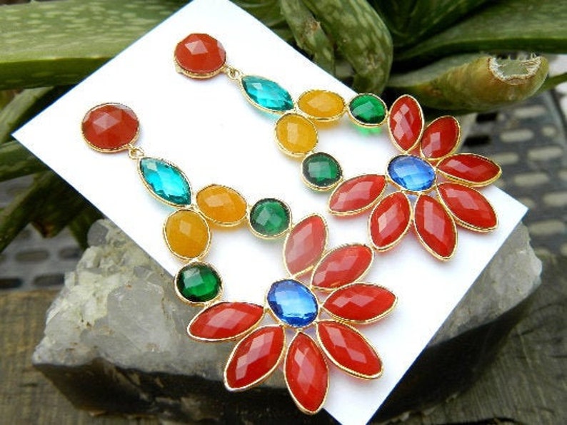 Multi Color Synthetic Stones Faceted Marquise & Oval Shape Briollete Earrings Handcrafted Unique Designer Antique Style Jewelry Gift Sale zdjęcie 5