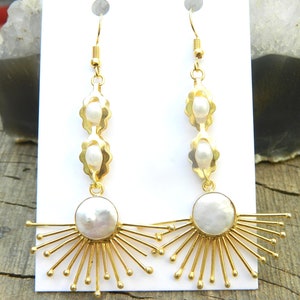 Gemstone earring Pearl earring  Pearl Sun Earrings  Bezel earring  Boho Jewelry  Gemstone Earrings  Beautiful Gift