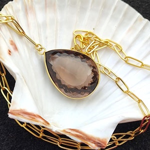 Natural Smoky Quartz Genuine Gemstone Huge Multi Shape Necklace Pendant Handmade Jewelry Gold Plated Bezel Link Brass With 20&quot;Chain
